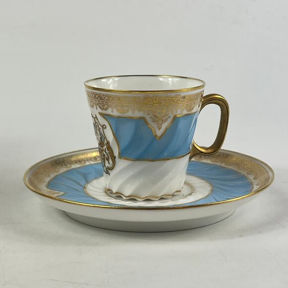 Antique French Demitasse Cup & Saucer Mansard Paris Blue Gold Monogram Porcelain - Picture 3 of 13